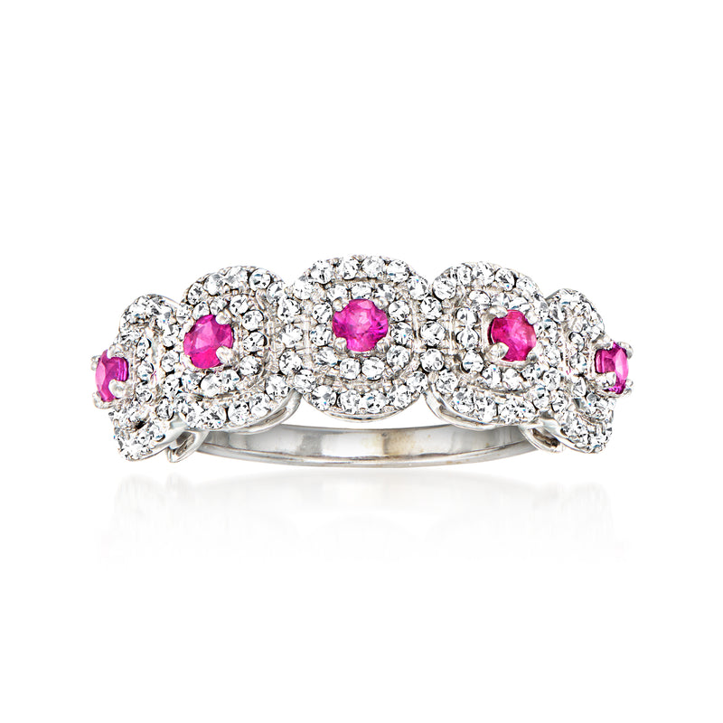 Diamond and ruby multi-row ring in 18kt white gold with pink ruby accents