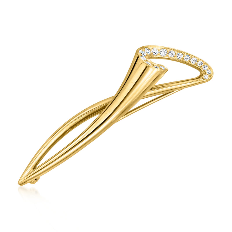 18kt yellow gold diamond swirl lapel pin, arched V shape with channel-set stones