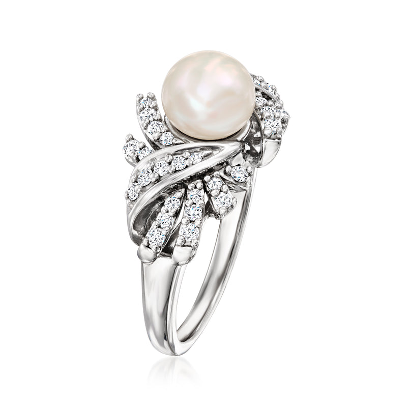 Sterling silver cultured pearl and diamond ring with leaf-inspired setting