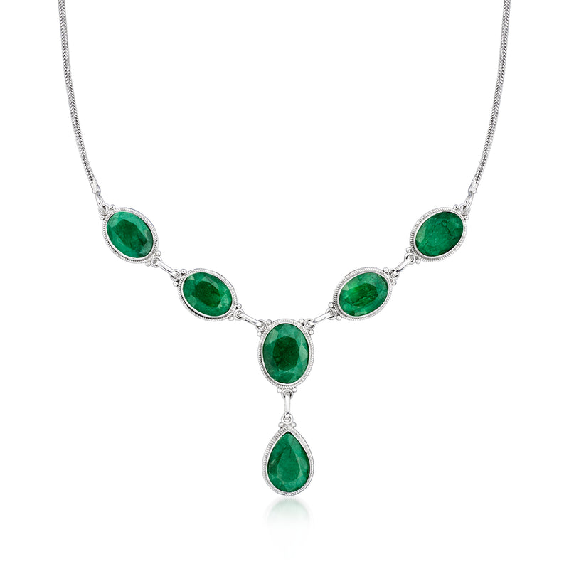 Sterling silver Y-necklace with five oval emerald-cut green gemstones on chain