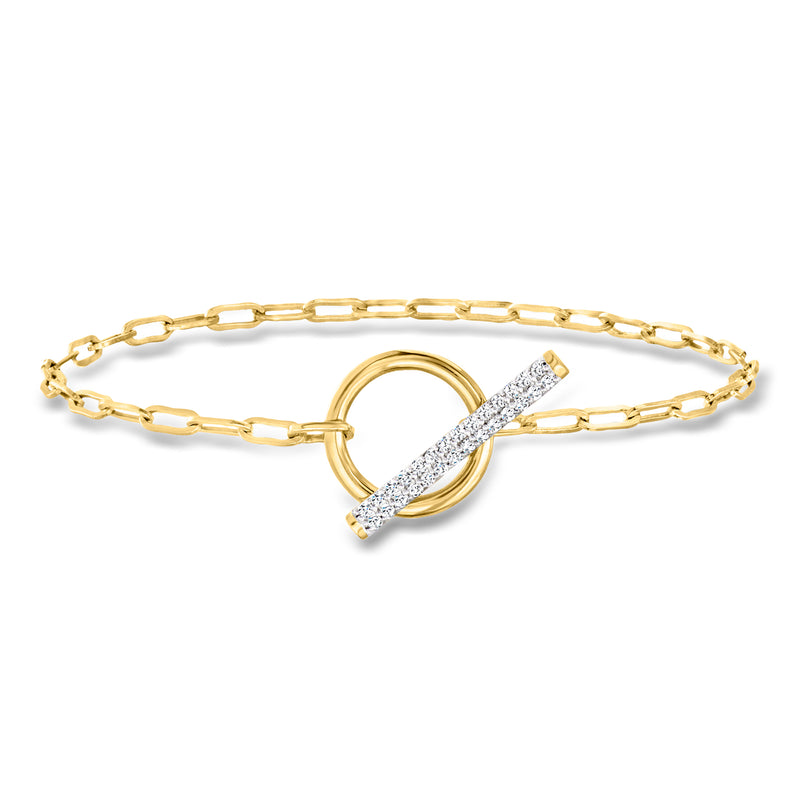 Diamond paper clip link toggle bracelet in gold over sterling with pavé bar