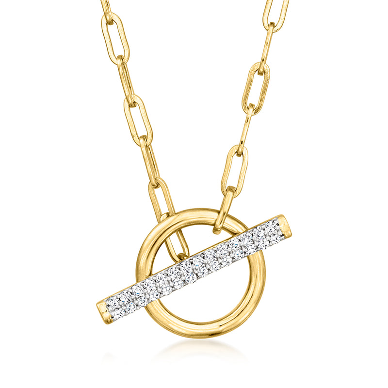 Diamond paper clip link toggle necklace with gold ring and pavé bar pendant