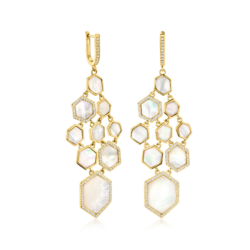 Gold drop chandelier earrings with hexagon-cut mother-of-pearl and white topaz stones