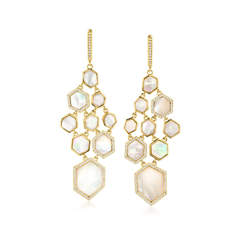 Gold drop chandelier earrings featuring clustered mother-of-pearl and white topaz hexagon stones