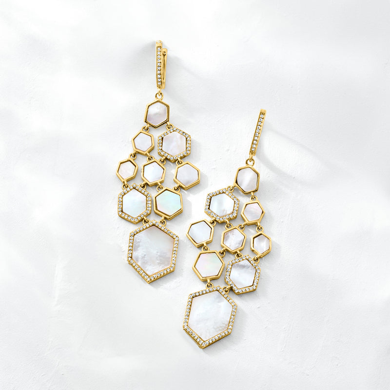 Gold drop chandelier earrings with dangling geometric mother-of-pearl and white topaz stones