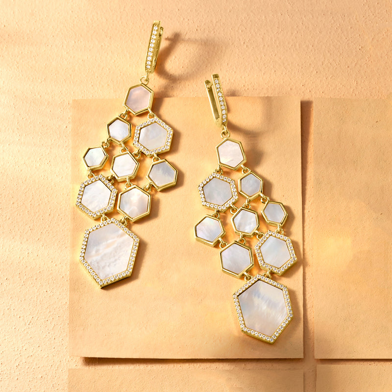 Gold drop chandelier earrings with hoop tops and multi-stone mother-of-pearl hexagon drops