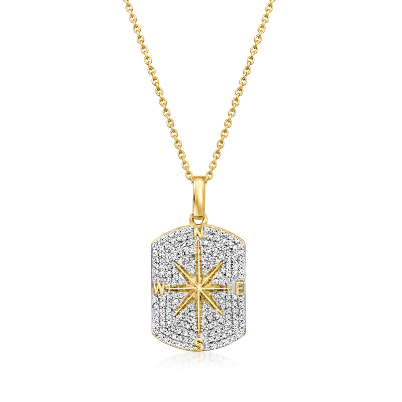 Diamond compass dog tag pendant necklace in gold over sterling