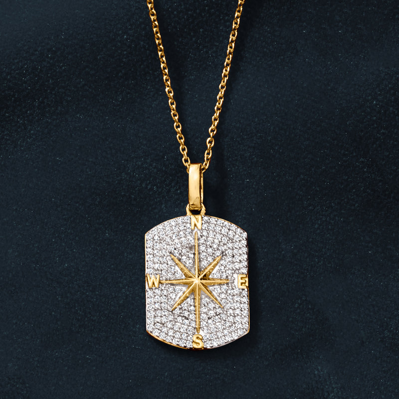 Diamond compass dog tag pendant necklace in gold over sterling