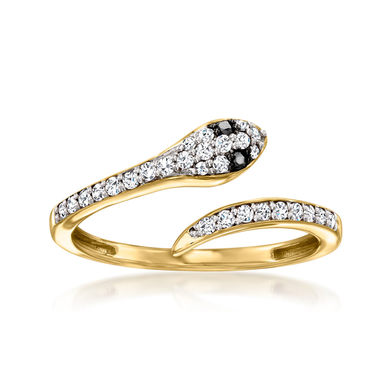 Gold over sterling snake bypass diamond ring with white and black stone accents