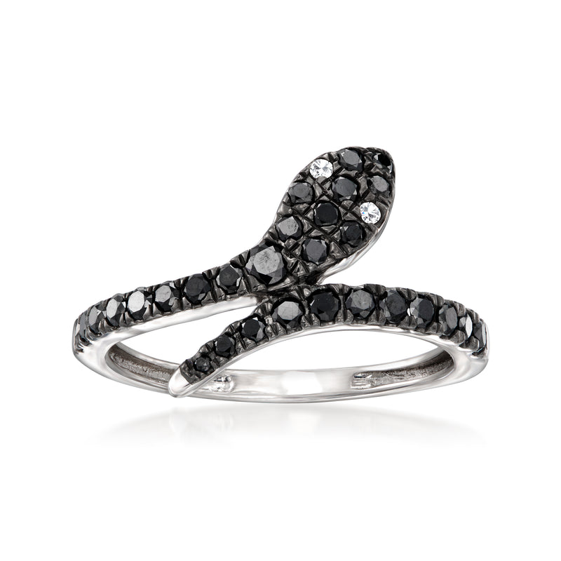 Black diamond snake bypass ring in sterling silver with small white sparkle accents