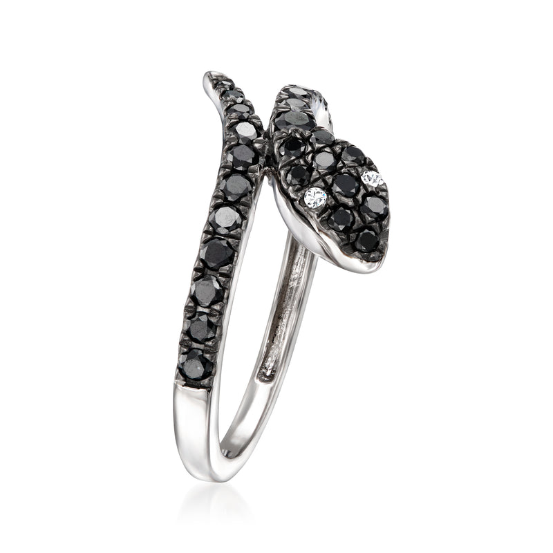 Sterling silver snake bypass ring with black and white diamonds