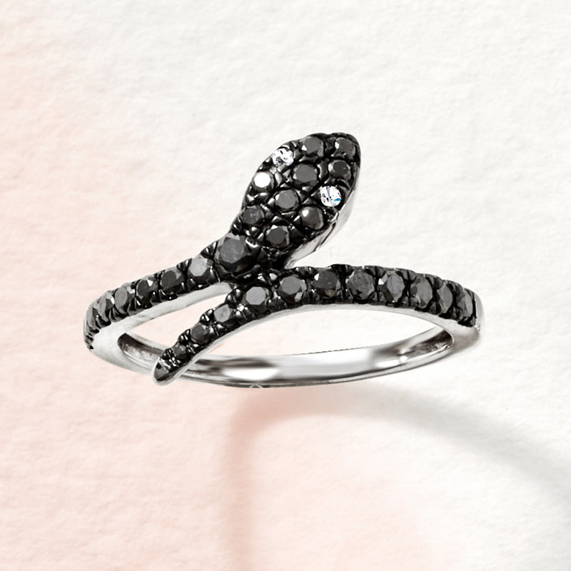 Snake bypass ring with black diamond pavé in sterling silver