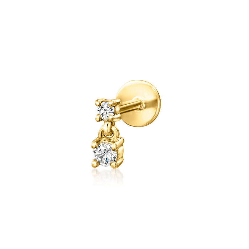 14kt yellow gold diamond two-stone drop earrings with dangling cluster from flat-back stud