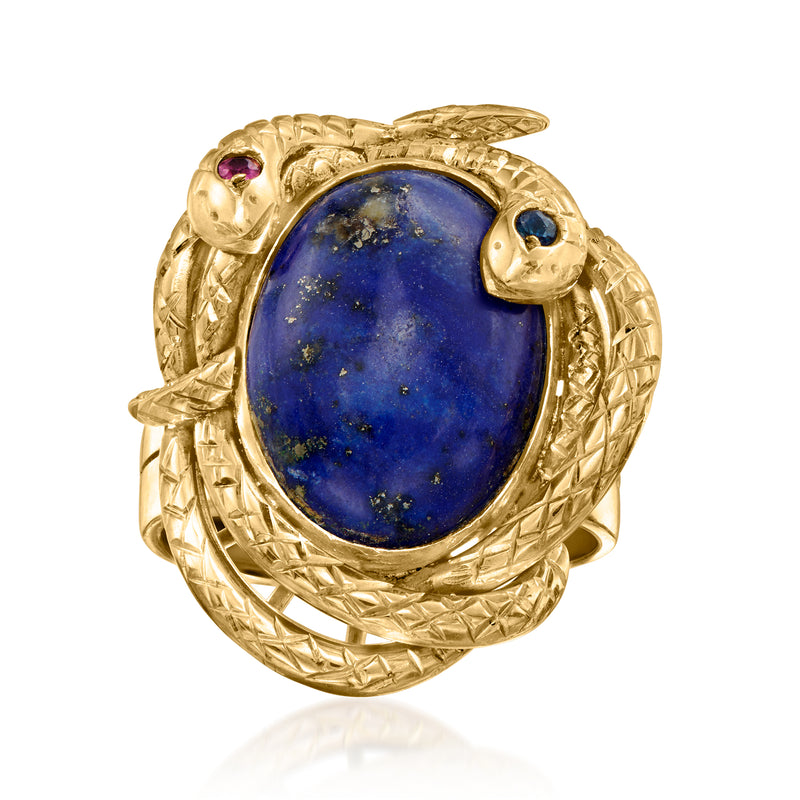 14kt yellow gold snake ring with oval lapis stone, ruby and sapphire accents