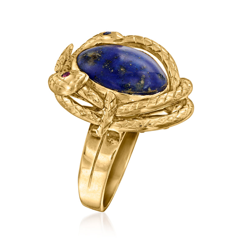 14kt yellow gold snake ring with blue oval lapis cabochon, textured wrap band