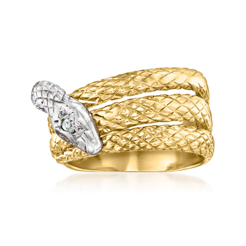 Two-tone snake ring in yellow gold and platinum with textured scales and set diamond