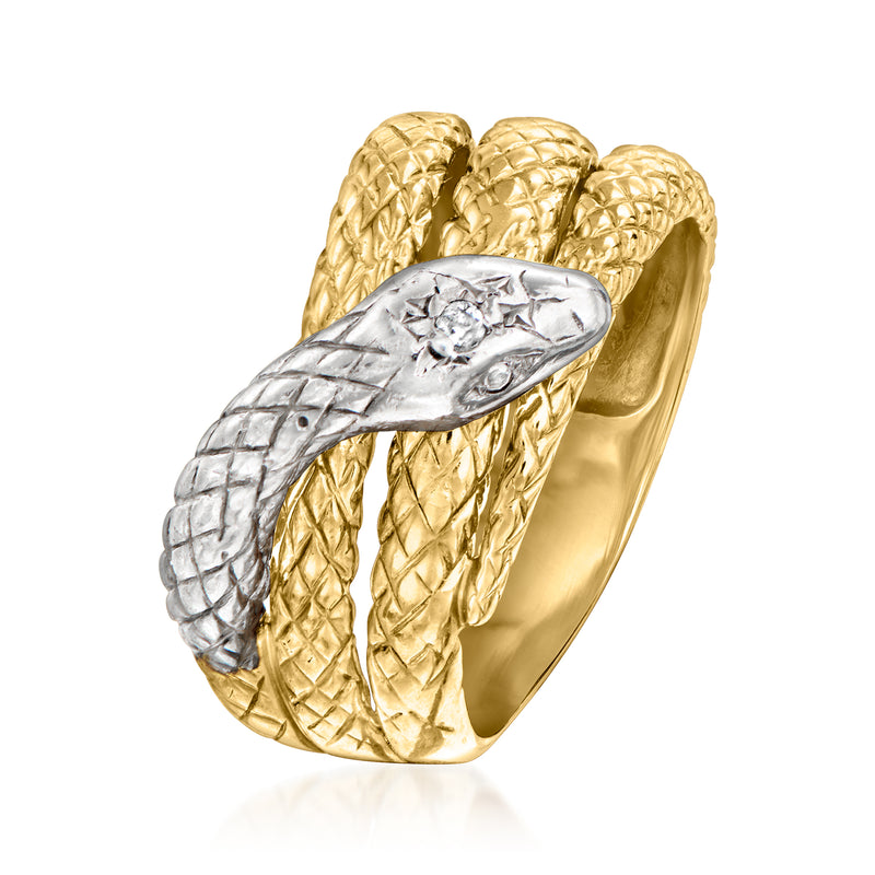 Yellow gold snake ring with platinum head and single diamond, braided scale texture