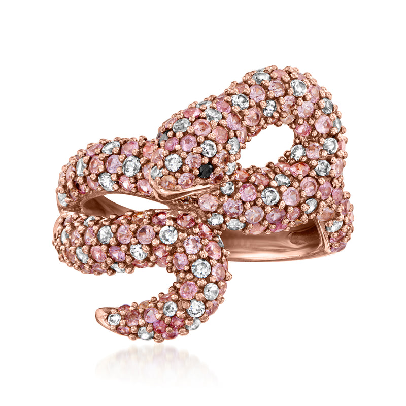 Rose gold snake ring with pink and clear gemstones, openwork scales, sculpted head.