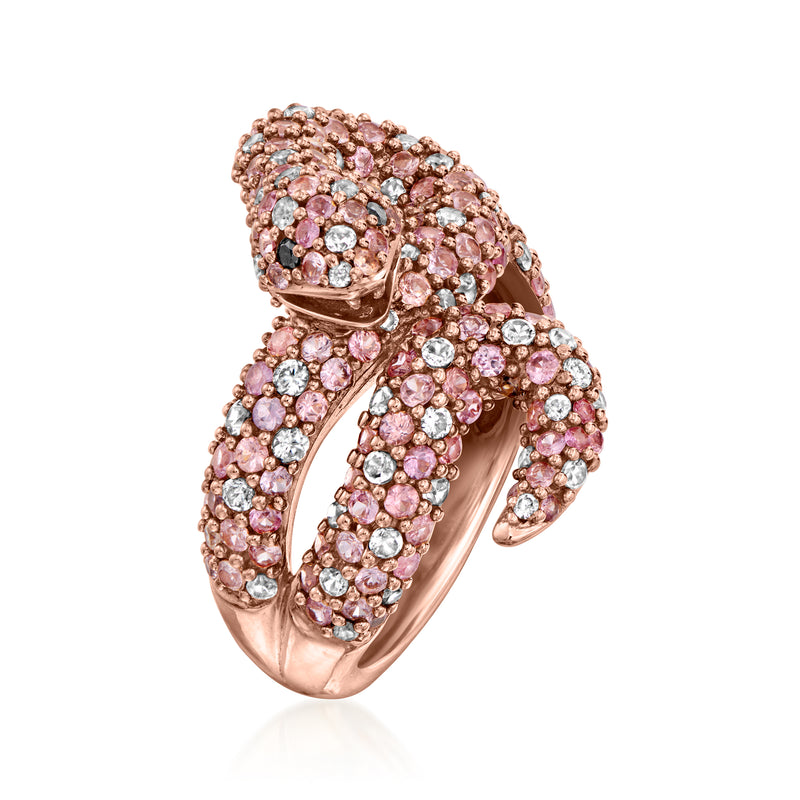 Pink gemstone pave snake ring in rose gold, detailed head and coiled band view.