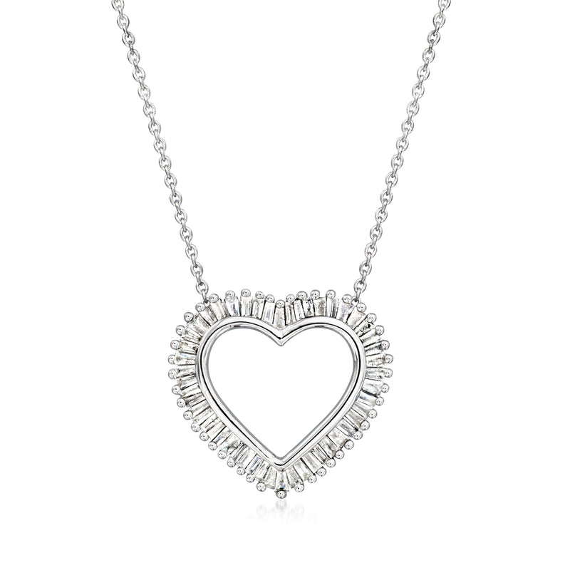 Sterling silver heart pendant necklace with baguette-style diamond border and chain