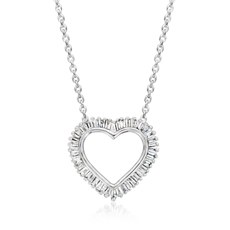 Sterling silver heart necklace with baguette diamond halo