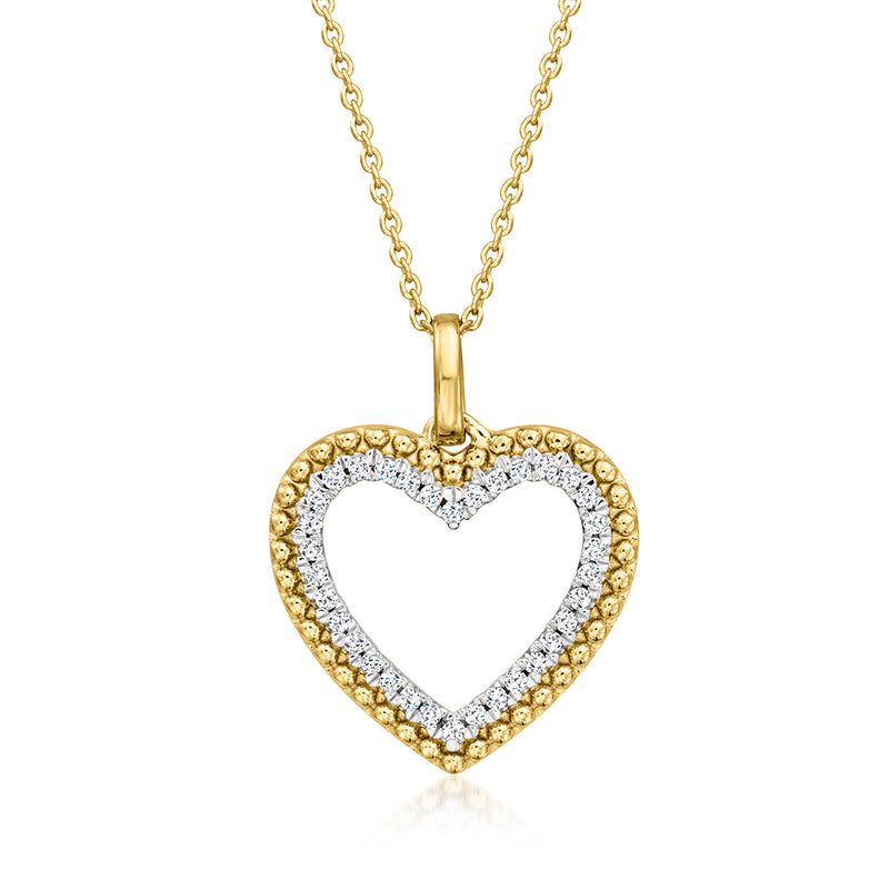 Gold heart pendant necklace with diamond-like pave border on a chain