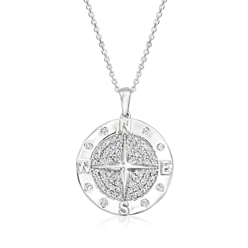 Sterling silver compass pendant necklace with round diamond-studded center