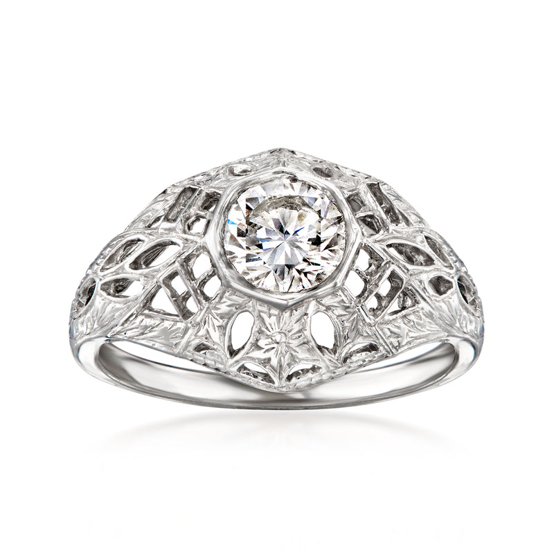 14kt white gold diamond filigree ring with round center stone, size 5