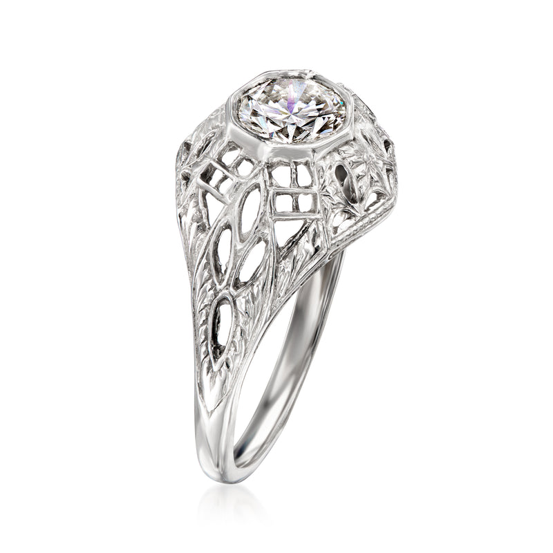 14kt white gold diamond filigree ring, side view with round center stone