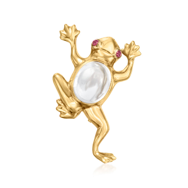 14kt yellow gold frog pin with oval clear rock crystal and red ruby eyes