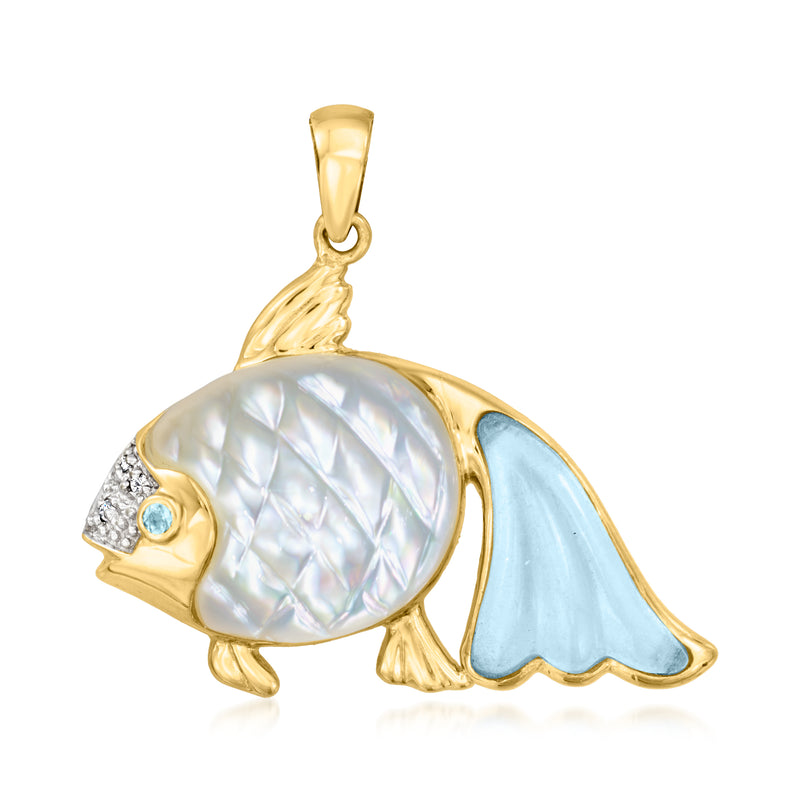 14kt yellow gold fish pendant with iridescent mother-of-pearl and blue stone accents