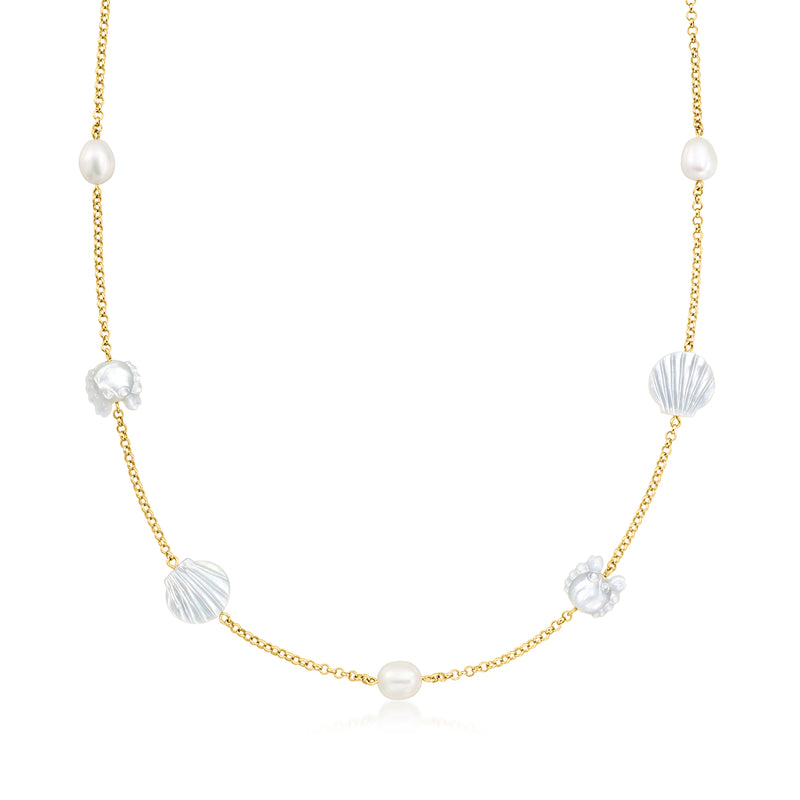 Gold-tone sea life necklace with white cultured pearls and mother-of-pearl shell accents