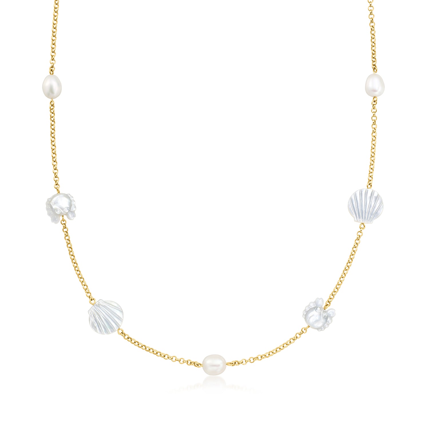 Mother-of-Pearl and 8-8.5mm Cultured Pearl Sea Life Necklace in 18kt Gold Over Sterling