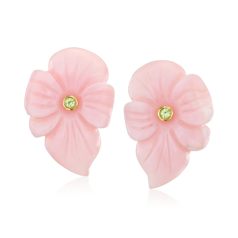 Pink opal flower stud earrings with green peridot center, gold-tone post backs