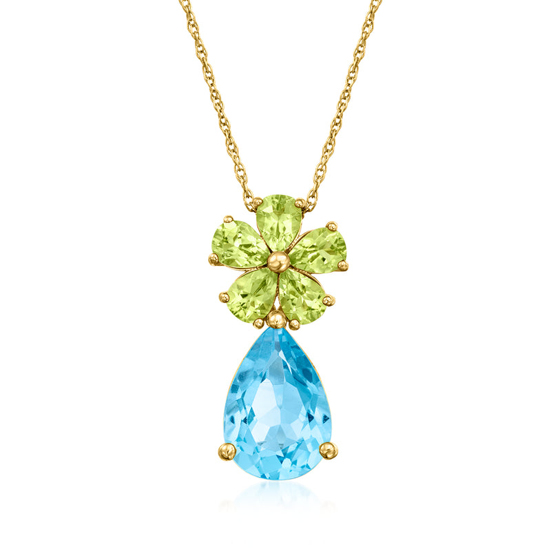14kt yellow gold necklace pendant with peridot flower and blue topaz teardrop, chain included