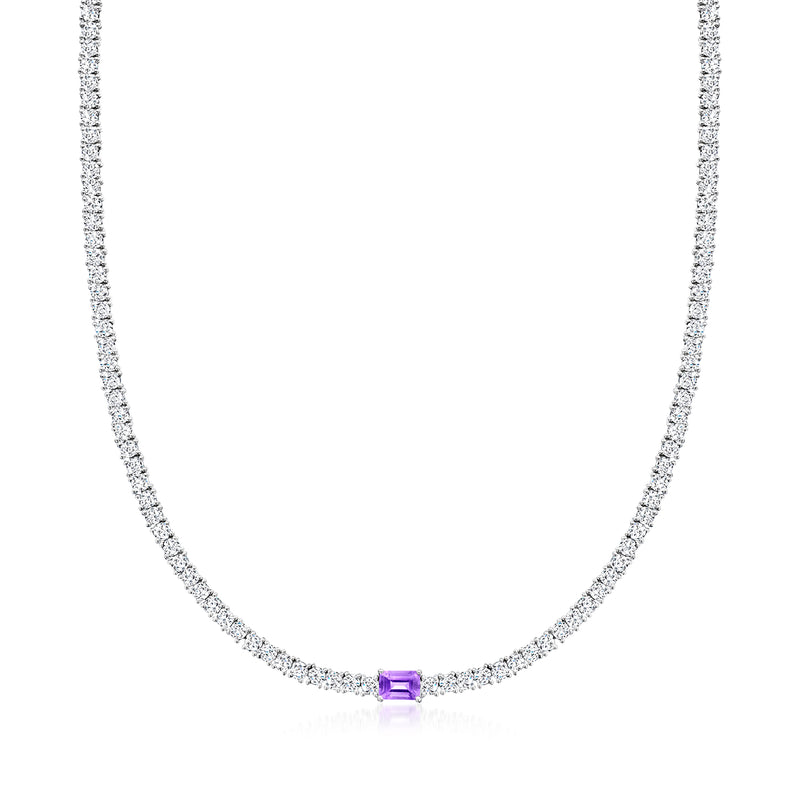 Sterling silver tennis necklace with purple amethyst center and white topaz stones