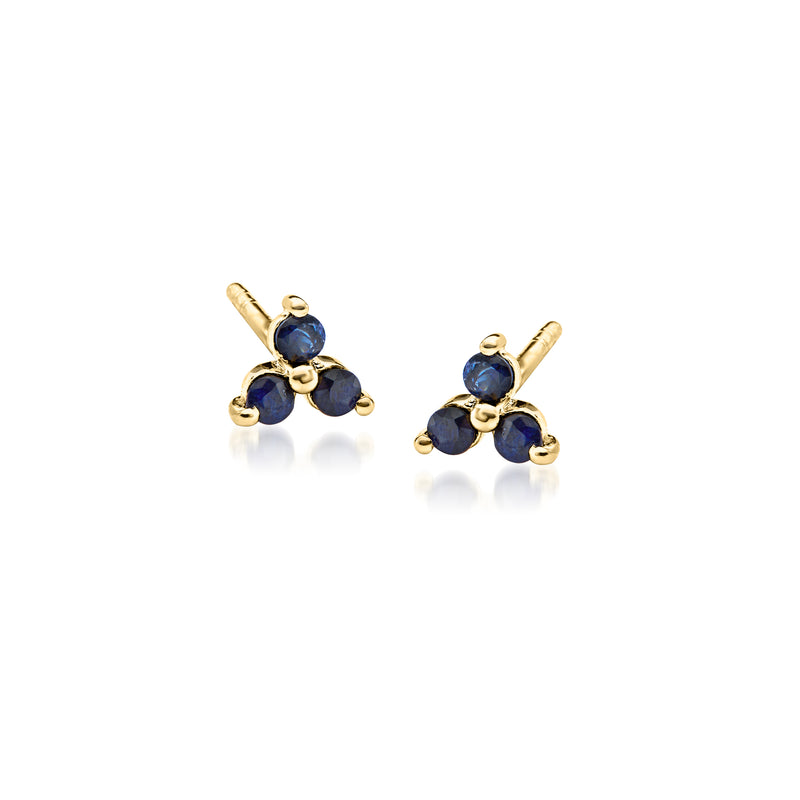 14kt yellow gold sapphire three-stone stud earrings, round blue sapphires, post style