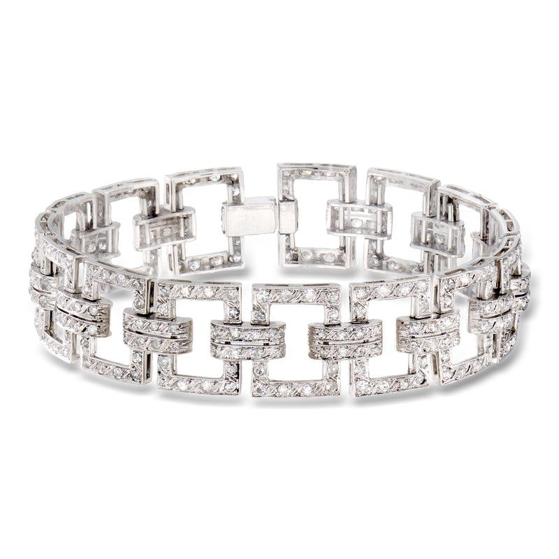 Platinum diamond geometric-link bracelet with square lattice stations