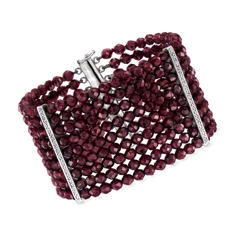 Wide garnet bead bracelet with diamond-accented white gold frame and clasp