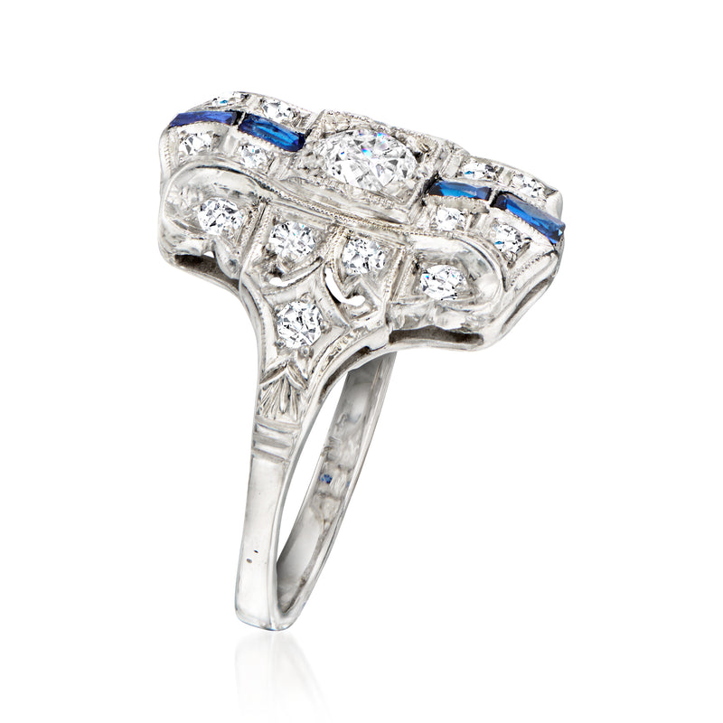 Vintage diamond cluster ring with blue sapphire bands, openwork white metal