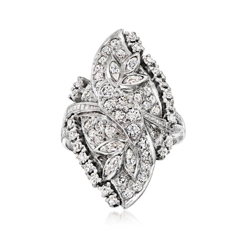 Vintage diamond cocktail ring, 14kt white gold, ornate marquise settings, size 5