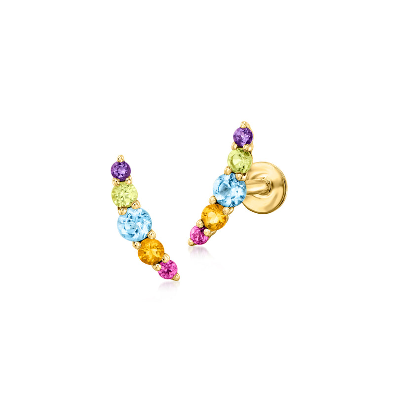 14kt yellow gold curved flat-back post stud earrings with multicolor gemstones