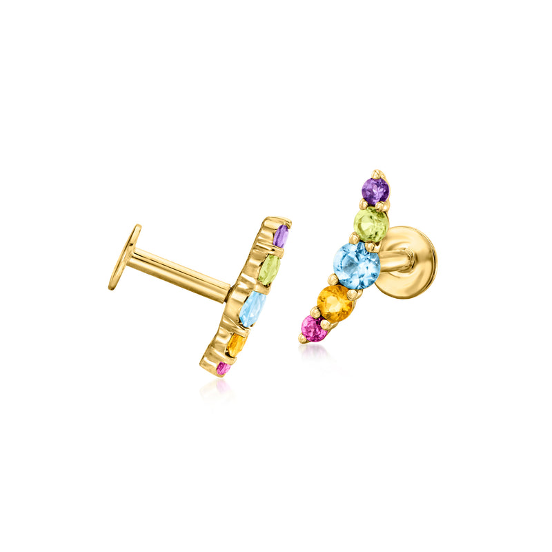 14kt yellow gold curved flat-back post stud earrings with multicolor gemstones, backs visible