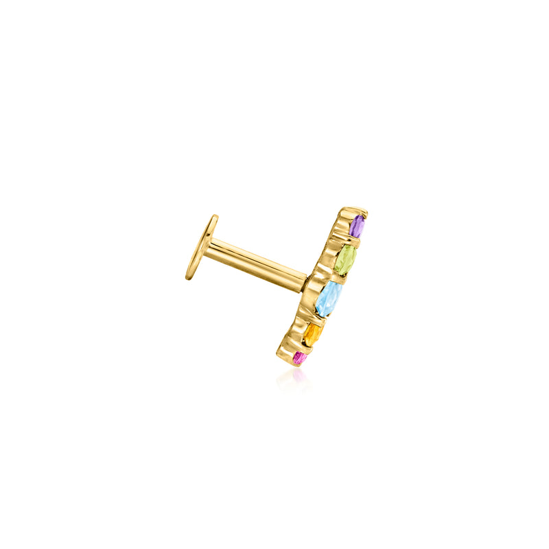 14kt yellow gold curved flat-back post stud earrings with multicolor stacked gemstones