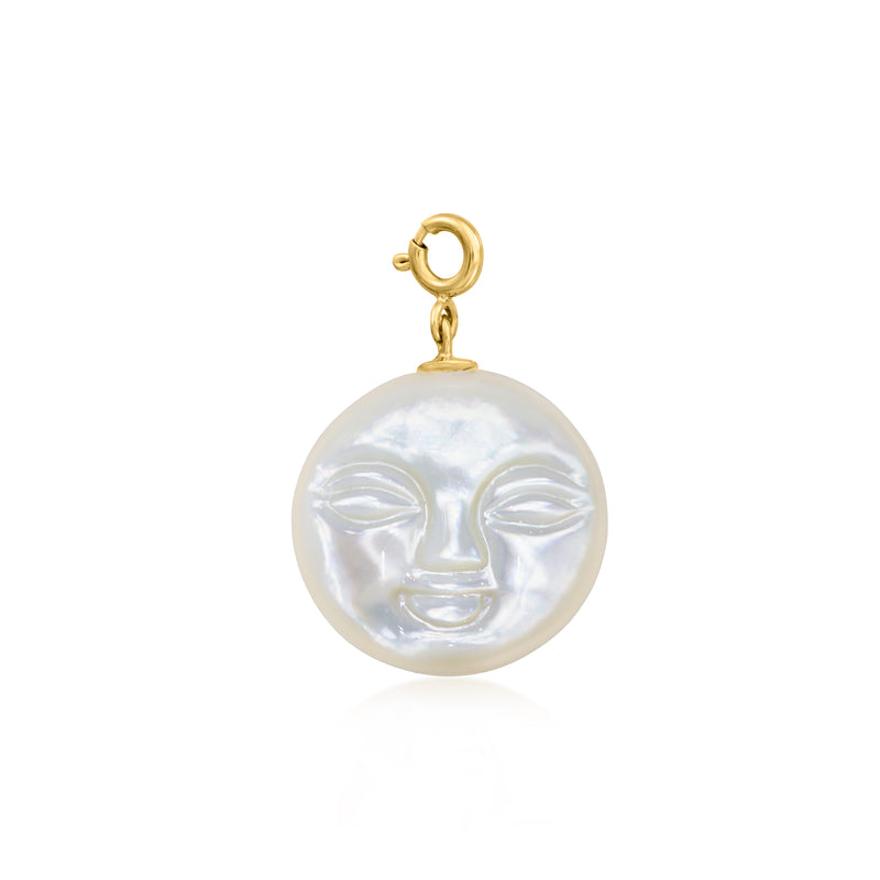 Gold over sterling moon charm with white mother-of-pearl face detail and hanging loop