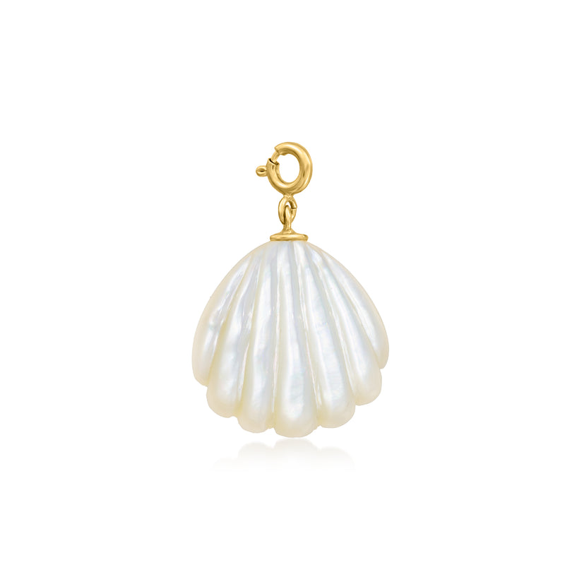 Mother-of-pearl seashell charm with ridged white shell and 18kt gold loop