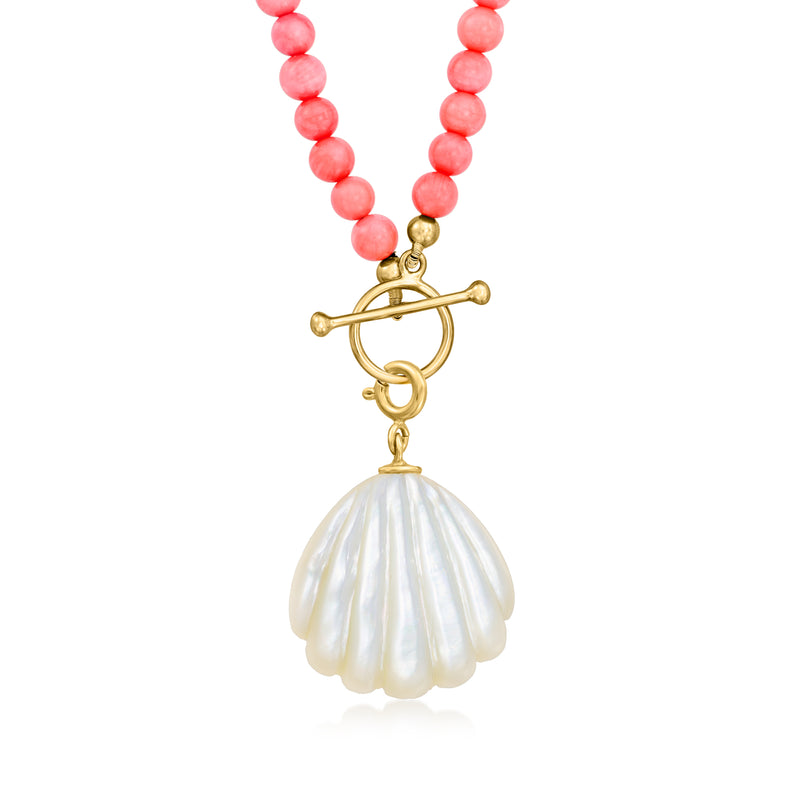 Seashell charm on coral bead necklace with 18kt gold loop and white mother-of-pearl