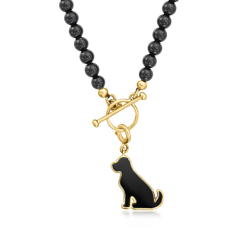 Black bead strand necklace with gold-tone onyx dog charm drop and clasp links
