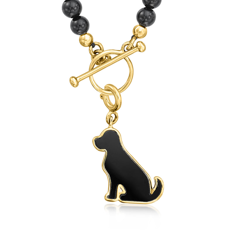 Gold-tone dog charm with black onyx-style silhouette, attached to beaded chain links