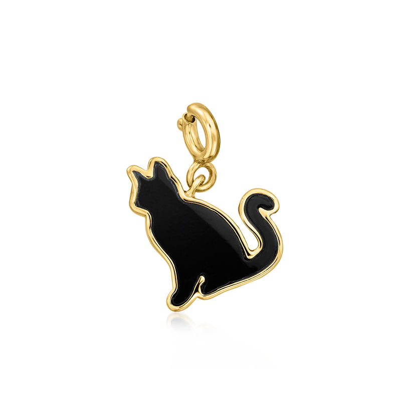 Black onyx cat charm with gold-tone loop bail and glossy cat silhouette